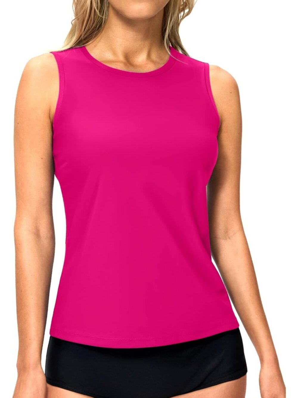 Women's Pink High Neck Tanking Tops Modest Swim Shirts with Bra Bathing Suit